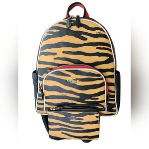 Coach Medium Court Tiger Print Backpack With Matching Wristlet